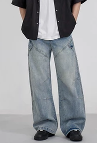 Check2Check-Retro Slub Pattern Jeans Brushed White Special Car Line Side Pockets Loose Floor-Length Wide Leg